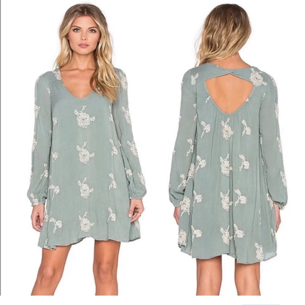Free People Emma's Embroidered Dress in Misty Green Size Large
